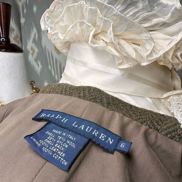 Ralph Lauren Olive Herringbone and Leather Gilet Waistcoat Vest - Picture 12 of 16